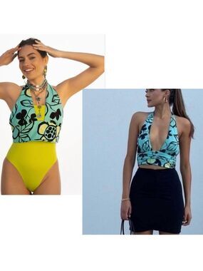 Zara turquoise blue Daisy flower open tie back halter crop top Sz S NWT festival